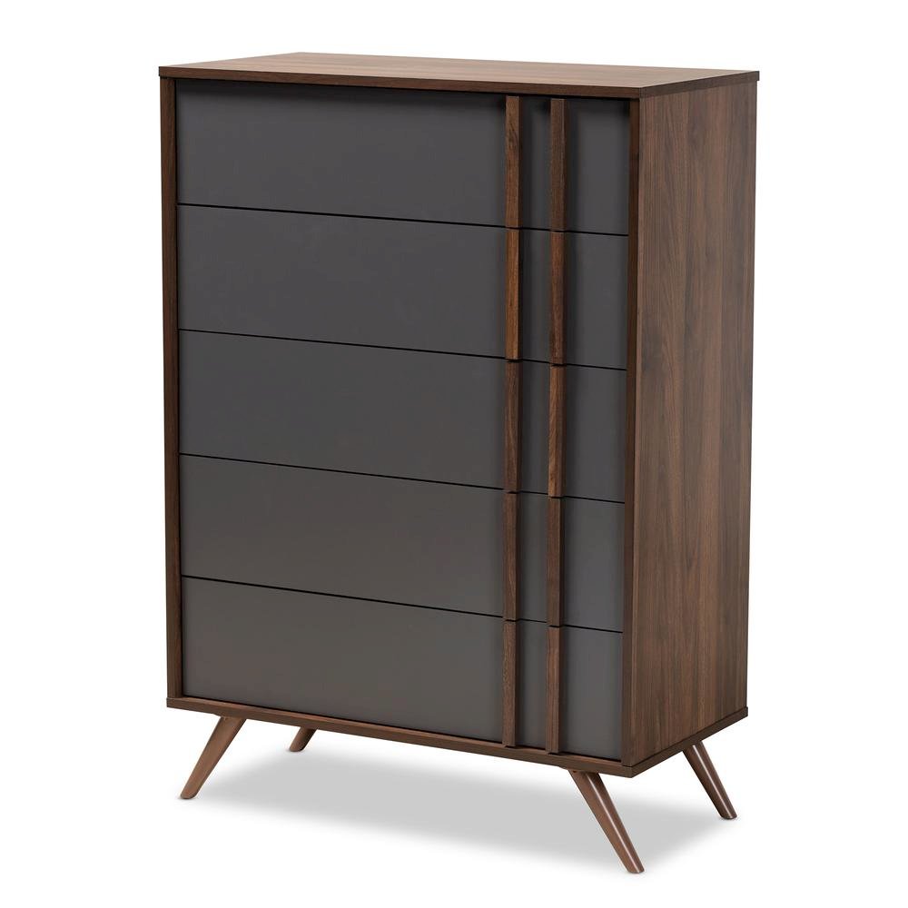 Two-Tone Grey and Walnut Finished Wood 5-Drawer Bedroom Chest. Picture 10