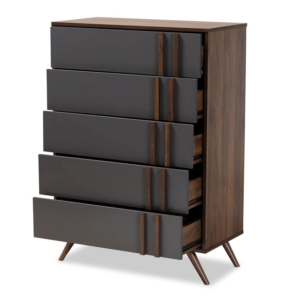 Two-Tone Grey and Walnut Finished Wood 5-Drawer Bedroom Chest. Picture 11