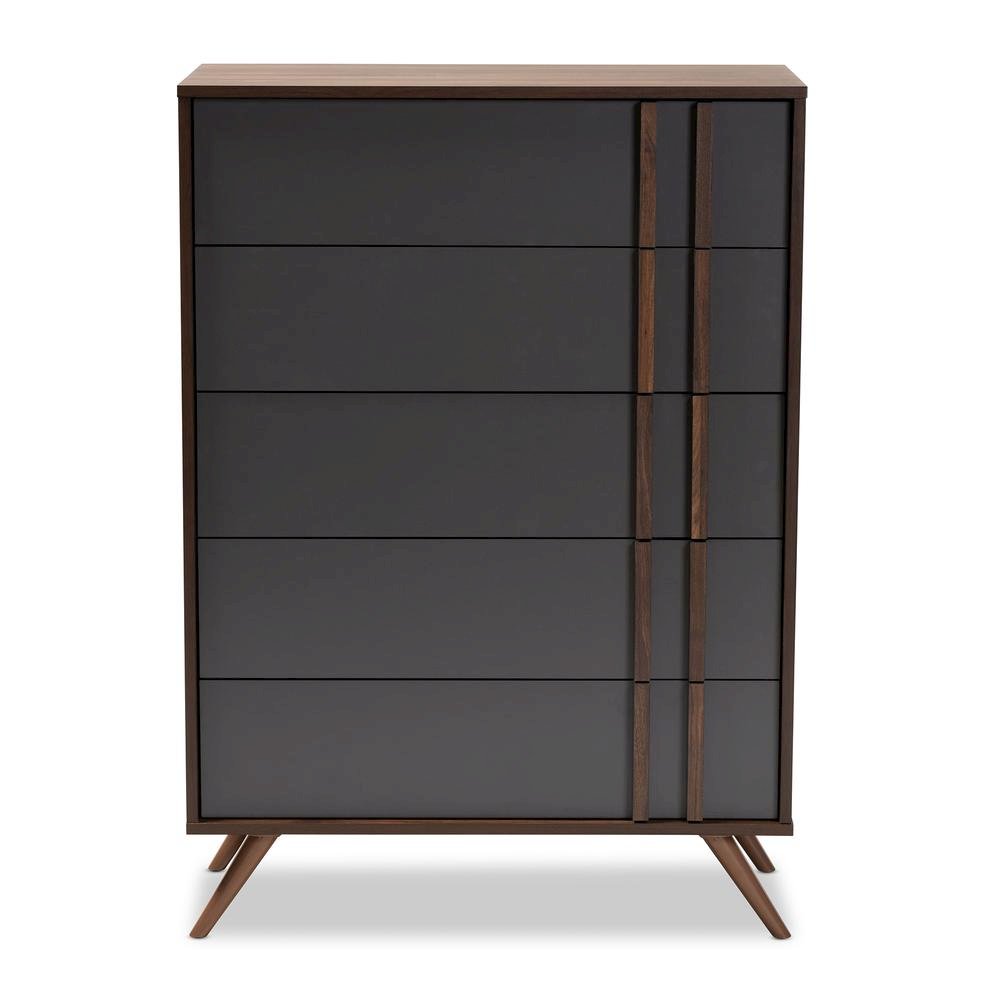 Two-Tone Grey and Walnut Finished Wood 5-Drawer Bedroom Chest. Picture 12