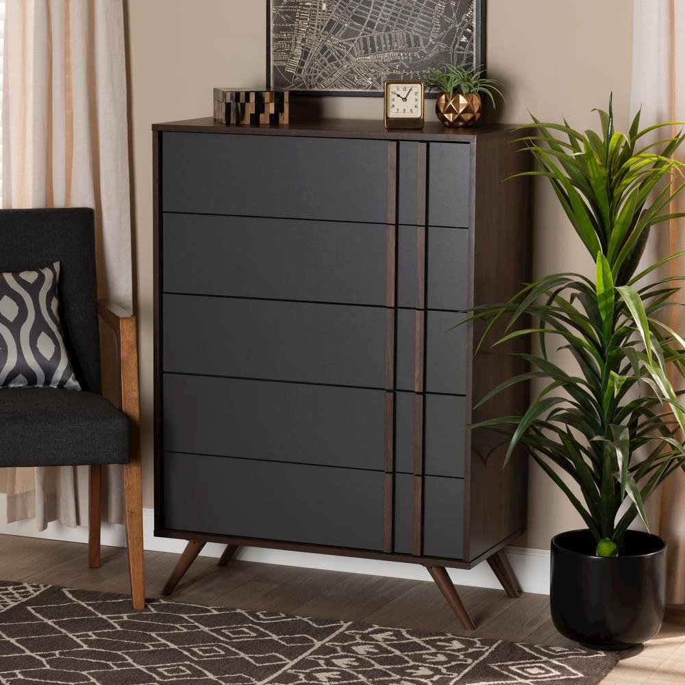 Two-Tone Grey and Walnut Finished Wood 5-Drawer Bedroom Chest. Picture 16