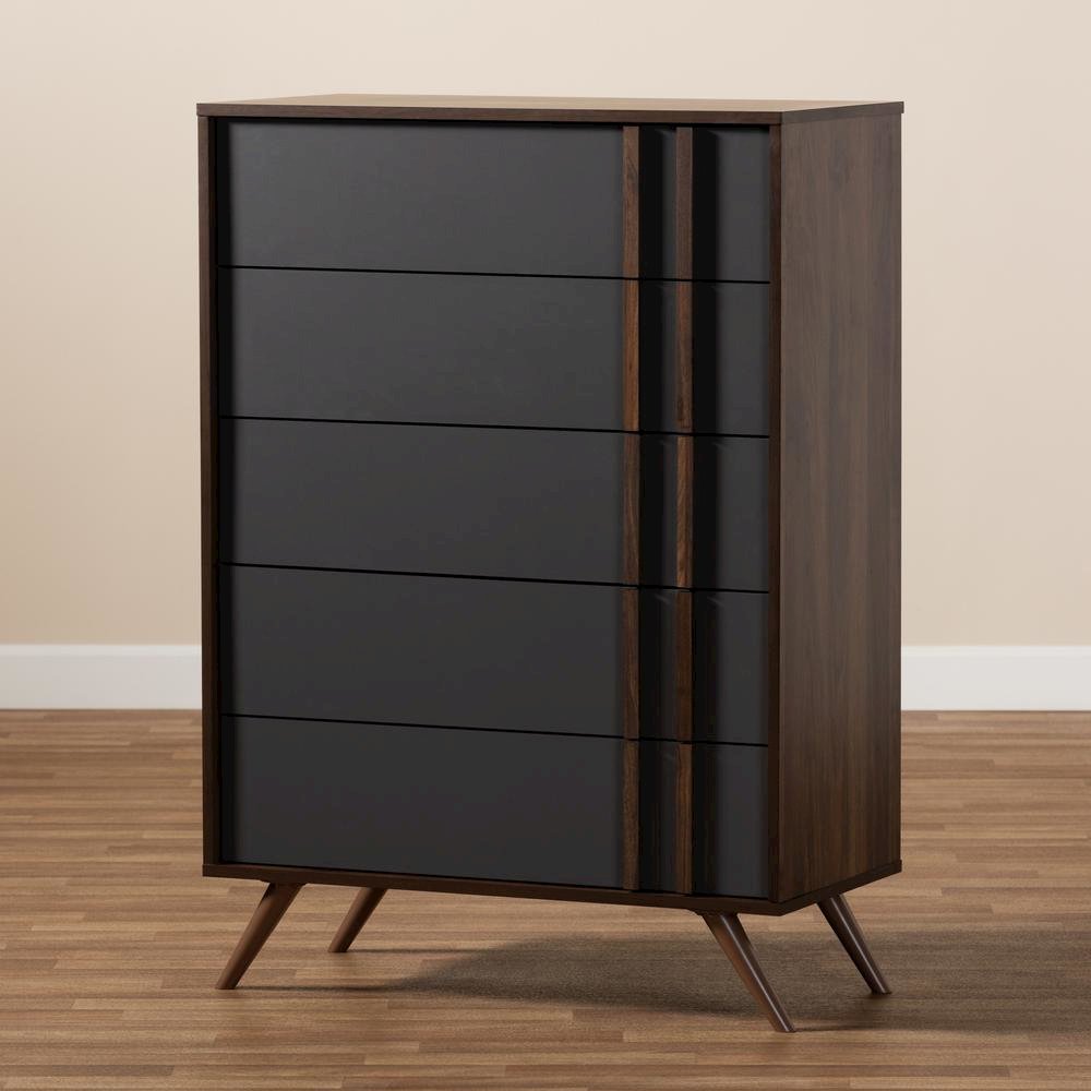 Two-Tone Grey and Walnut Finished Wood 5-Drawer Bedroom Chest. Picture 17