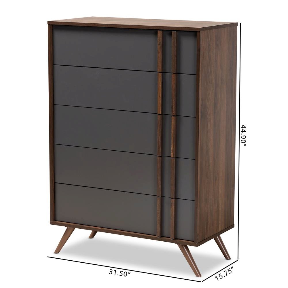Two-Tone Grey and Walnut Finished Wood 5-Drawer Bedroom Chest. Picture 18