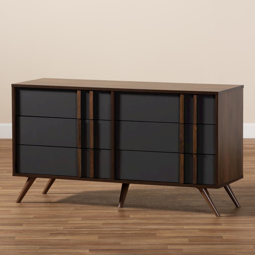 Two-Tone Grey and Walnut Finished Wood 6-Drawer Bedroom Dresser. Picture 17