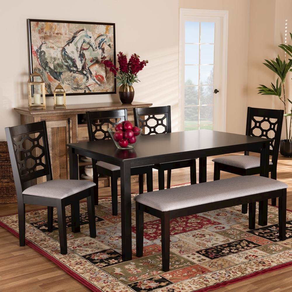 Grey Fabric Upholstered and Dark Brown Finished Wood 6-Piece Dining Set. Picture 16