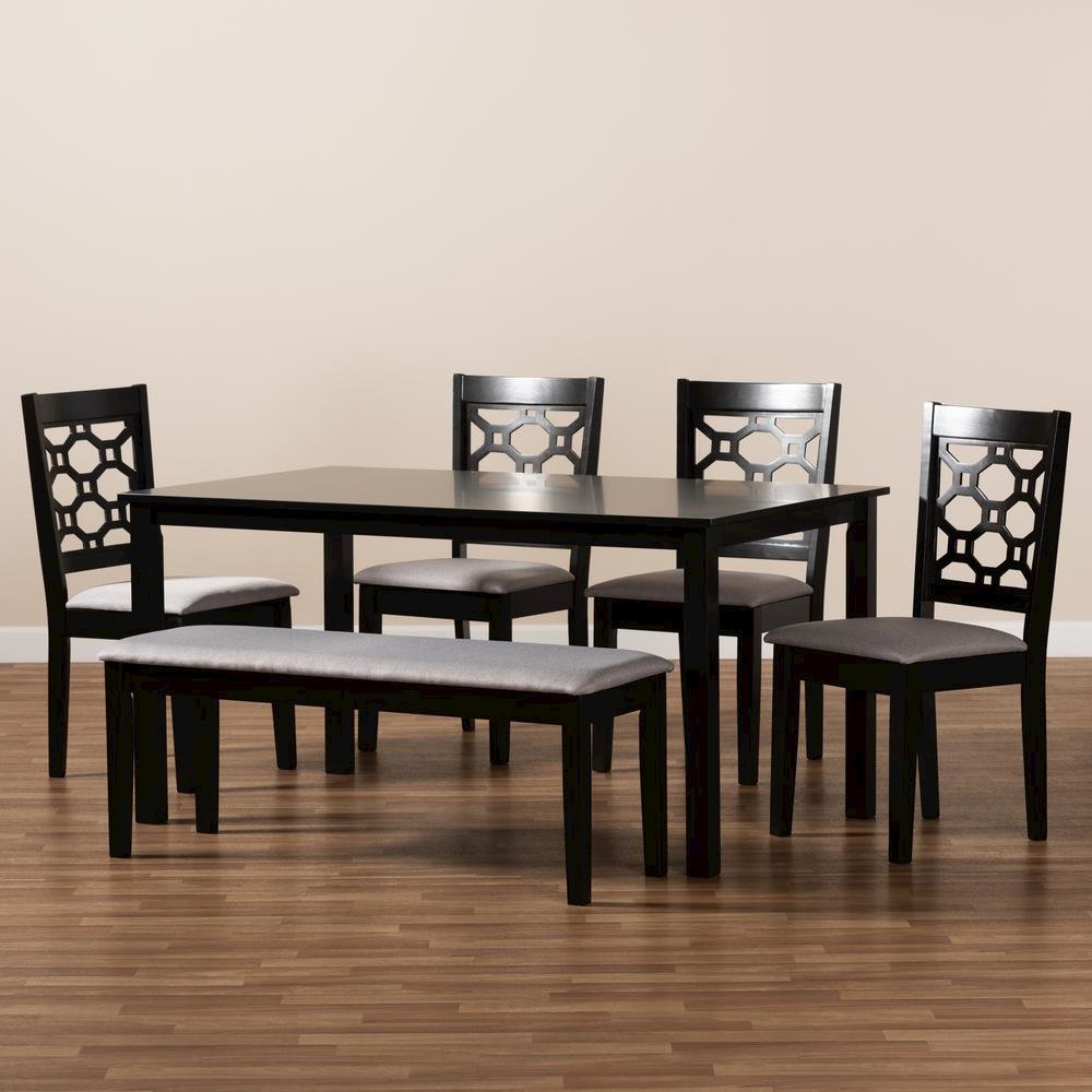 Grey Fabric Upholstered and Dark Brown Finished Wood 6-Piece Dining Set. Picture 17