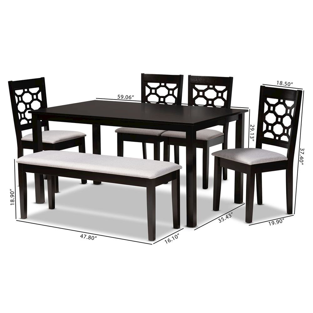 Grey Fabric Upholstered and Dark Brown Finished Wood 6-Piece Dining Set. Picture 18