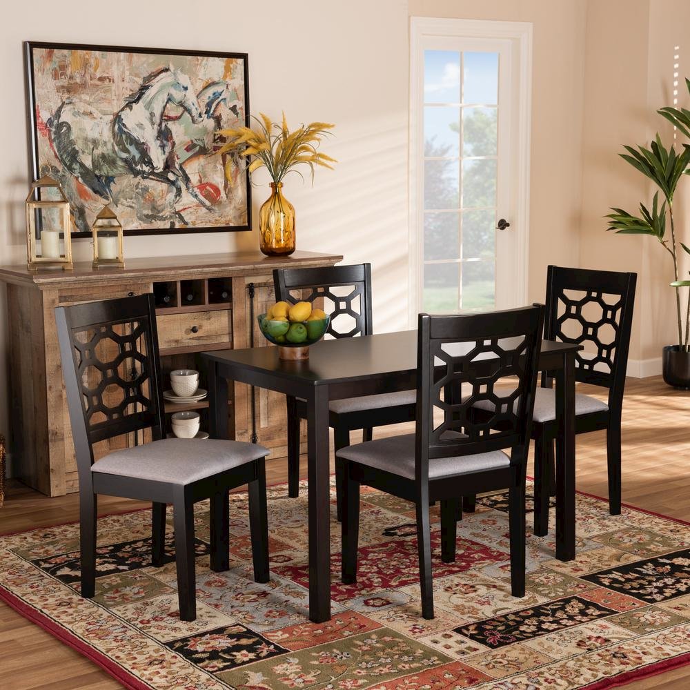 Grey Fabric Upholstered and Dark Brown Finished Wood 5-Piece Dining Set. Picture 14