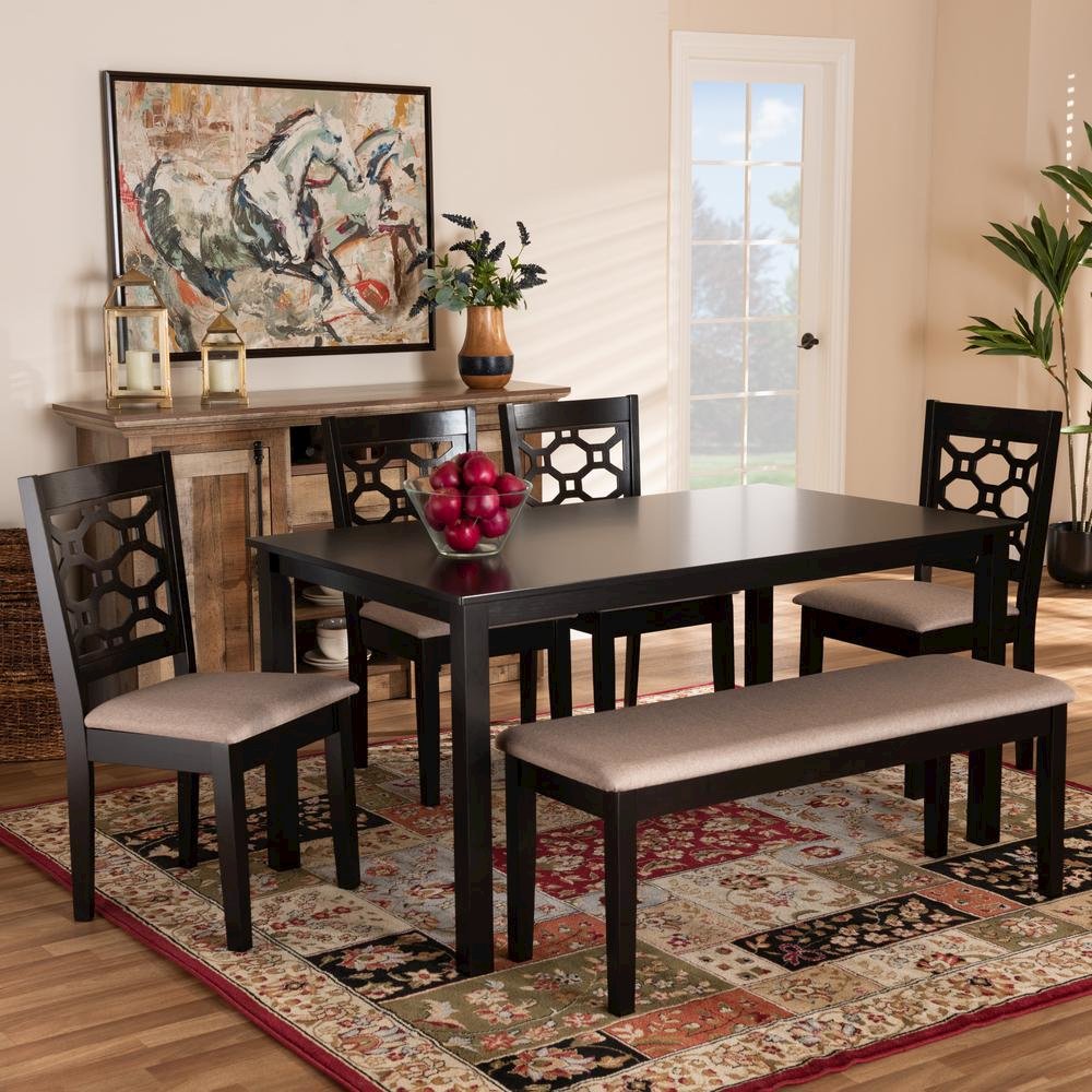 Sand Fabric Upholstered and Dark Brown Finished Wood 6-Piece Dining Set. Picture 16