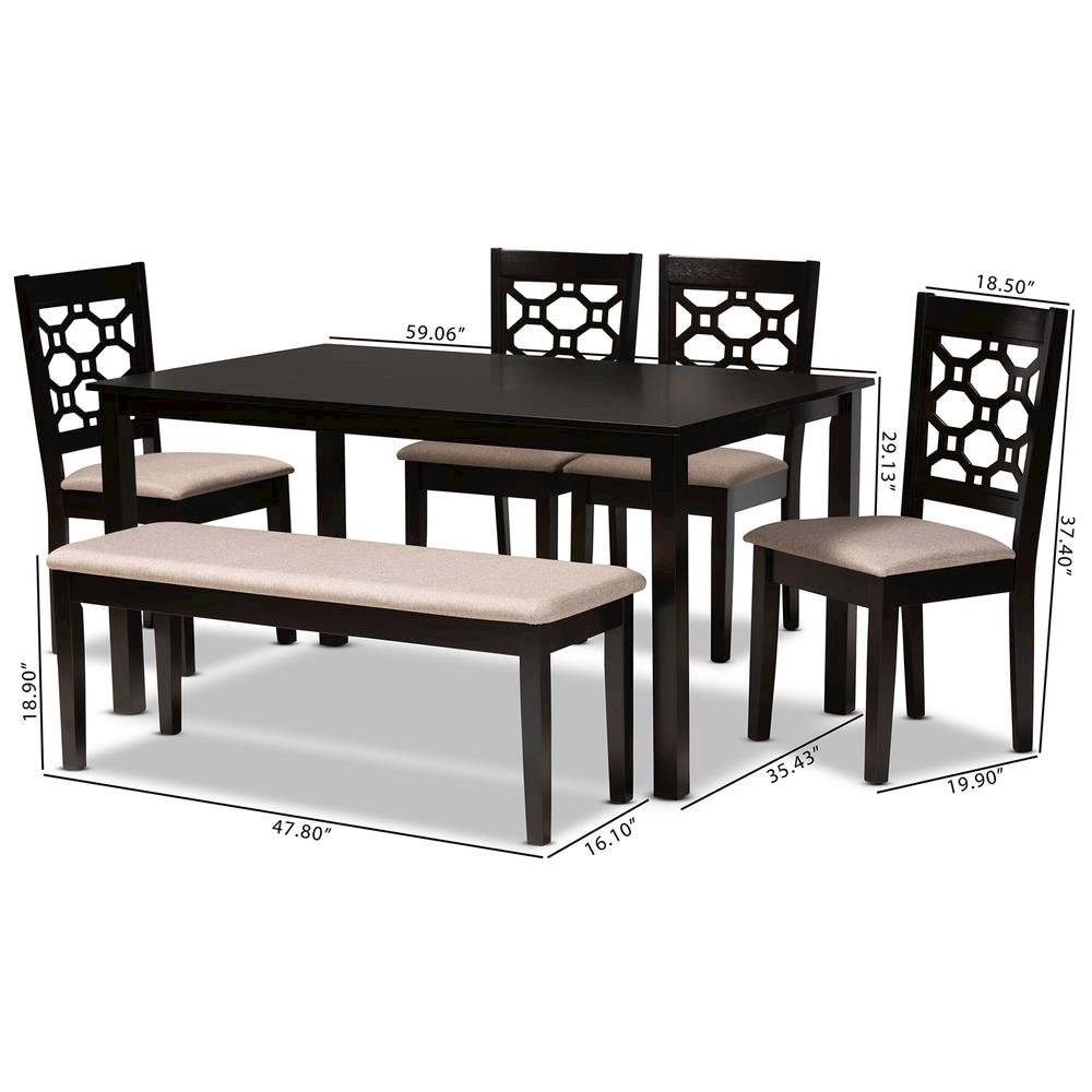 Sand Fabric Upholstered and Dark Brown Finished Wood 6-Piece Dining Set. Picture 18