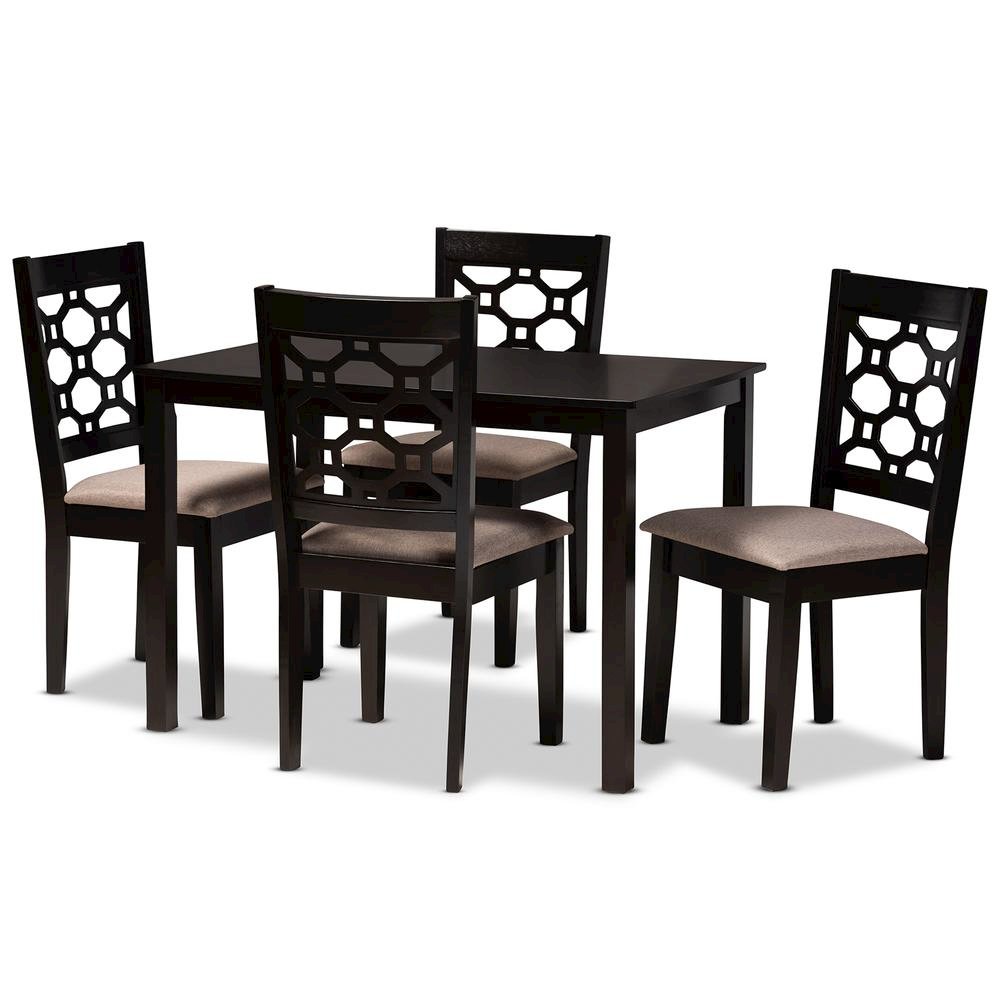 Sand Fabric Upholstered and Dark Brown Finished Wood 5-Piece Dining Set. Picture 9