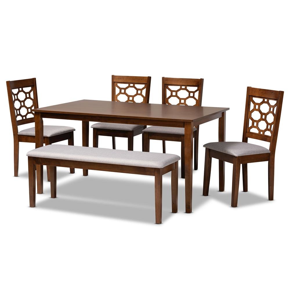 Grey Fabric Upholstered and Walnut Brown Finished Wood 6-Piece Dining Set. Picture 10