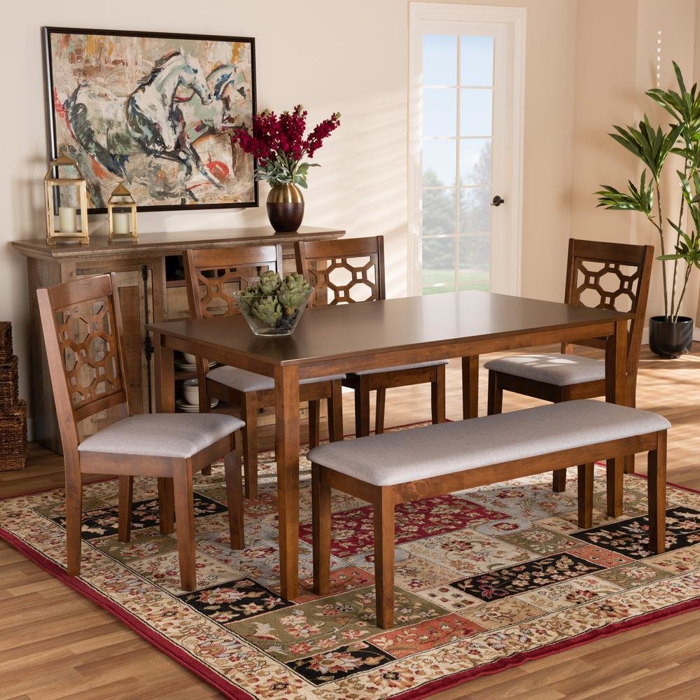 Grey Fabric Upholstered and Walnut Brown Finished Wood 6-Piece Dining Set. Picture 16