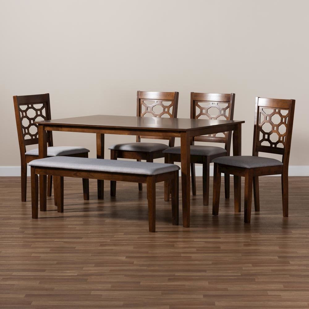 Grey Fabric Upholstered and Walnut Brown Finished Wood 6-Piece Dining Set. Picture 17