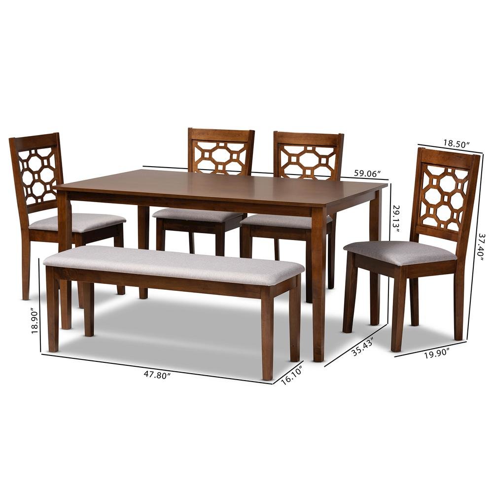 Grey Fabric Upholstered and Walnut Brown Finished Wood 6-Piece Dining Set. Picture 18