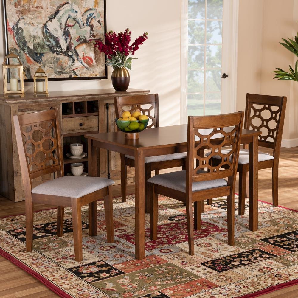 Grey Fabric Upholstered and Walnut Brown Finished Wood 5-Piece Dining Set. Picture 14