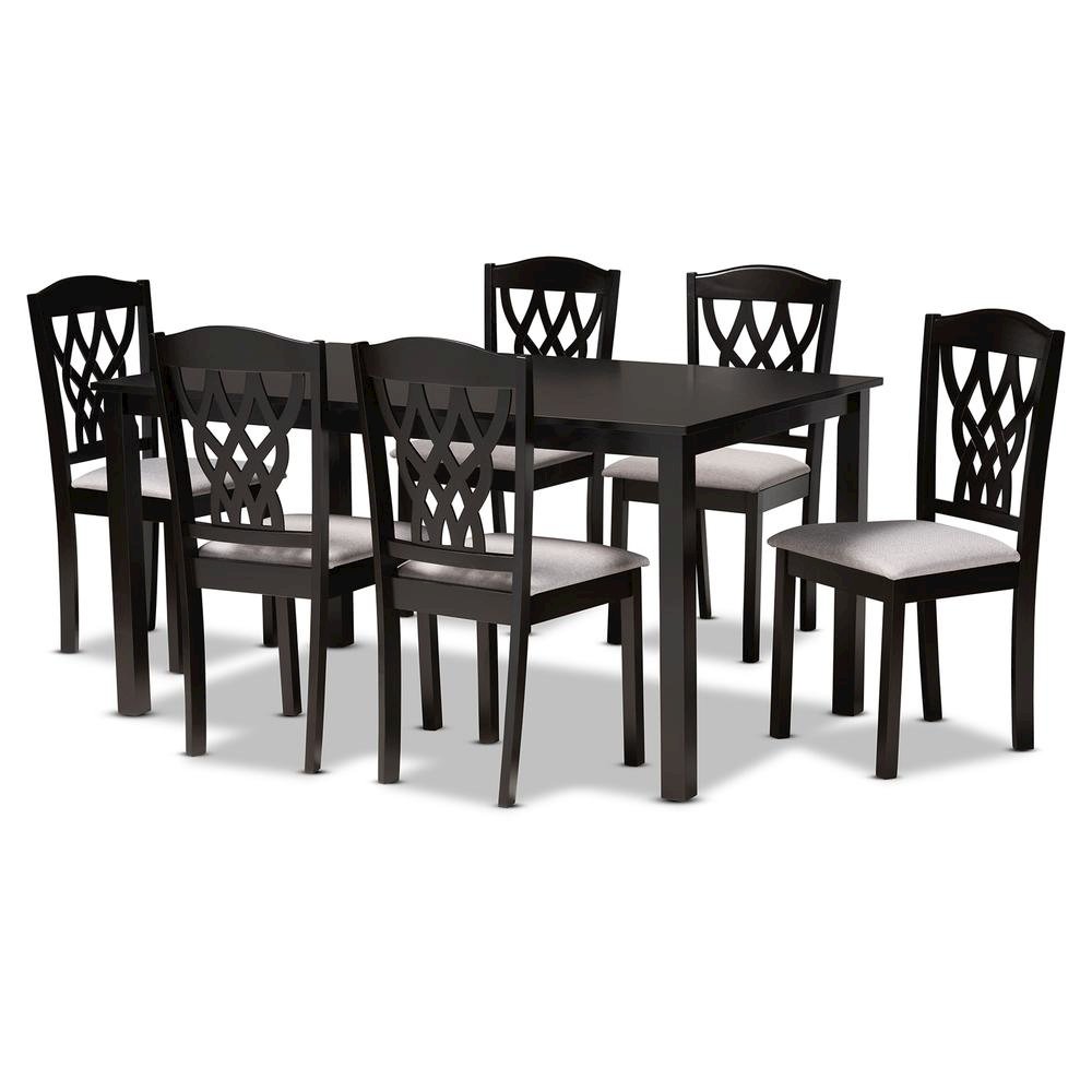 Grey Fabric Upholstered and Dark Brown Finished Wood 7-Piece Dining Set. Picture 9