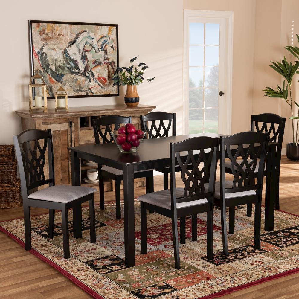 Grey Fabric Upholstered and Dark Brown Finished Wood 7-Piece Dining Set. Picture 14
