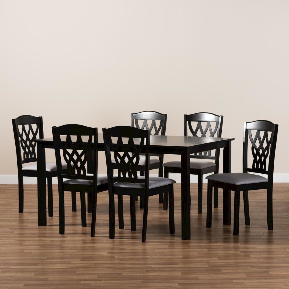 Grey Fabric Upholstered and Dark Brown Finished Wood 7-Piece Dining Set. Picture 15
