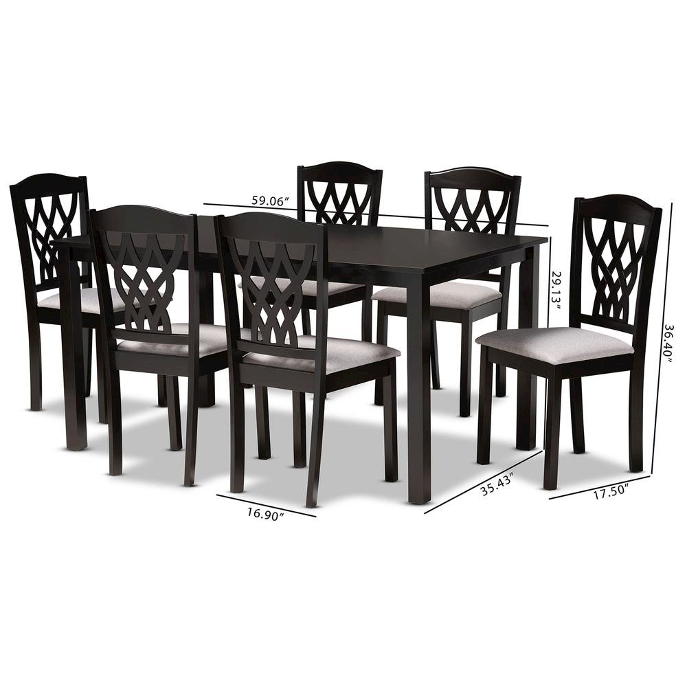 Grey Fabric Upholstered and Dark Brown Finished Wood 7-Piece Dining Set. Picture 16