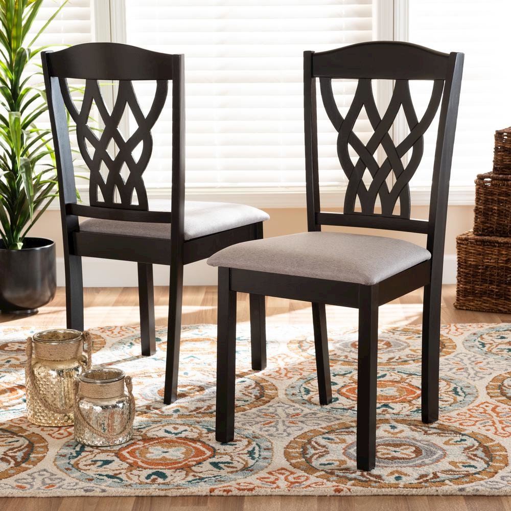 Grey Fabric Upholstered and Dark Brown Finished Wood 2-Piece Dining Chair Set. Picture 12