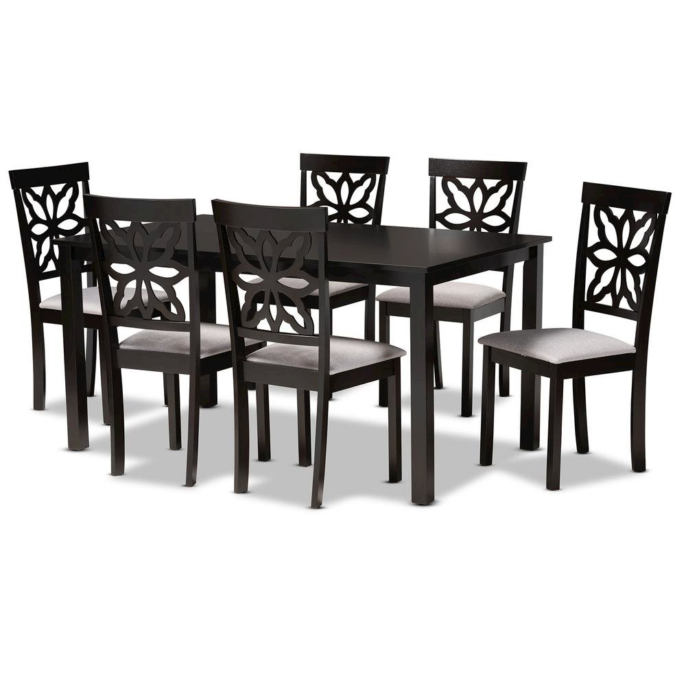 Grey Fabric Upholstered and Dark Brown Finished Wood 7-Piece Dining Set. Picture 9