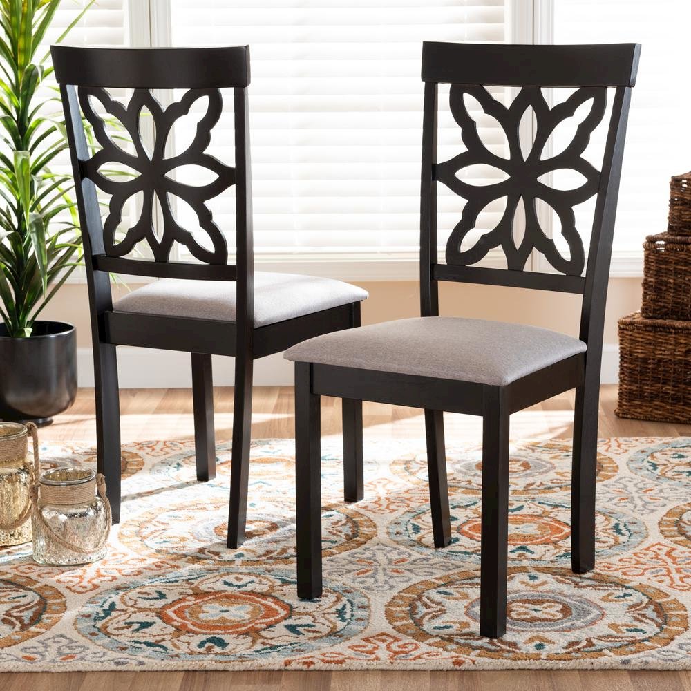 Grey Fabric Upholstered and Dark Brown Finished Wood 2-Piece Dining Chair Set. Picture 12