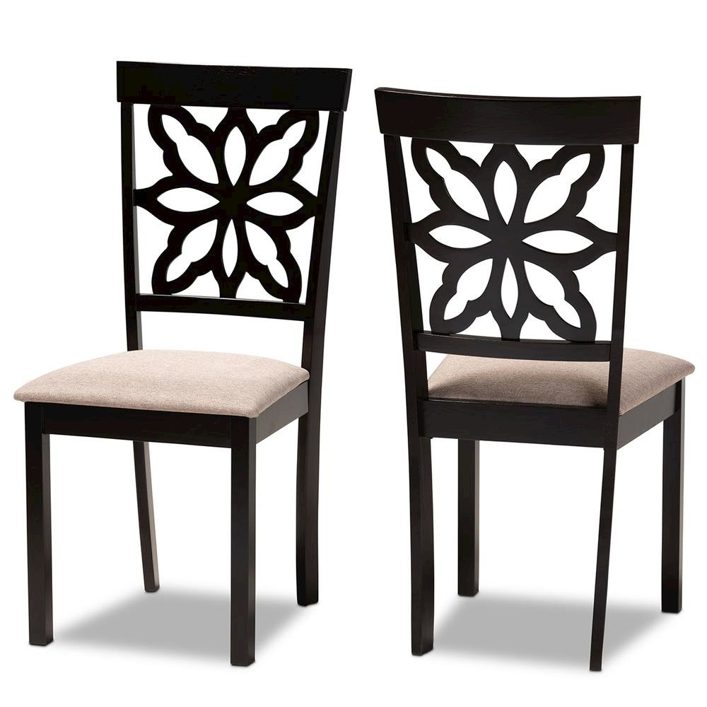 Sand Fabric Upholstered and Dark Brown Finished Wood 2-Piece Dining Chair Set. Picture 8