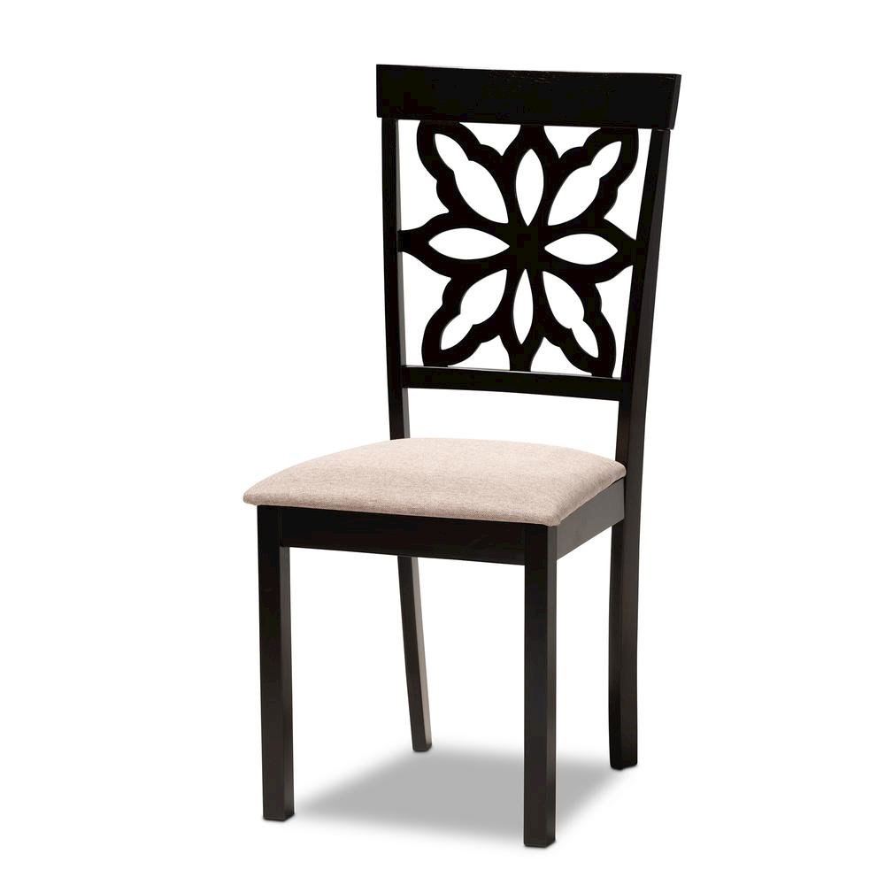 Sand Fabric Upholstered and Dark Brown Finished Wood 7-Piece Dining Set. Picture 10
