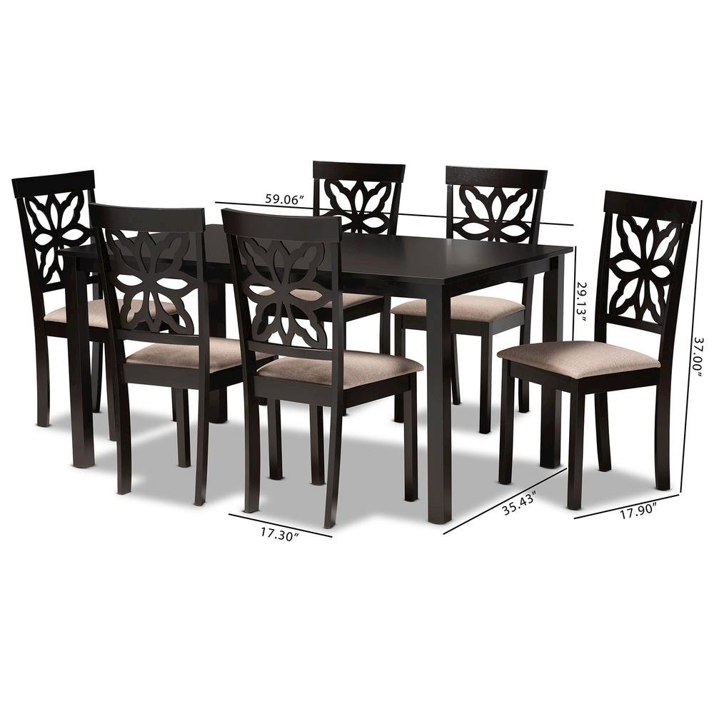 Sand Fabric Upholstered and Dark Brown Finished Wood 7-Piece Dining Set. Picture 16