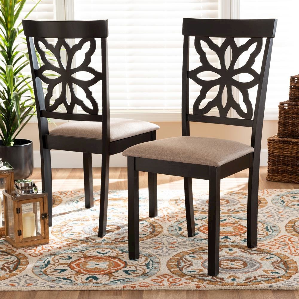 Sand Fabric Upholstered and Dark Brown Finished Wood 2-Piece Dining Chair Set. Picture 12