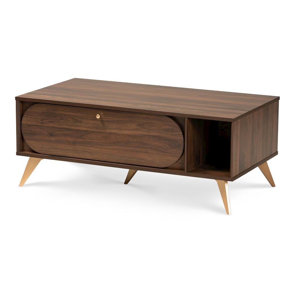 Edel Mid-Century Modern Walnut Brown and Gold Finished Wood Coffee Table. Picture 12