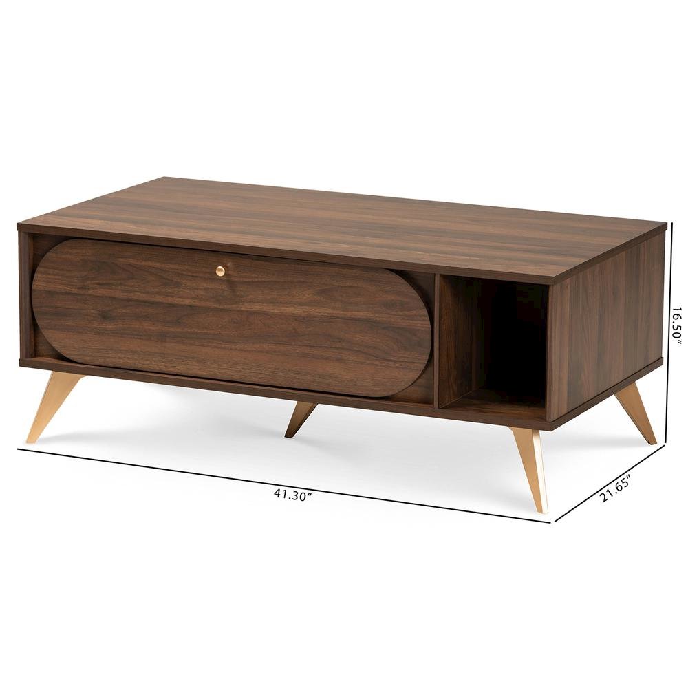 Edel Mid-Century Modern Walnut Brown and Gold Finished Wood Coffee Table. Picture 22