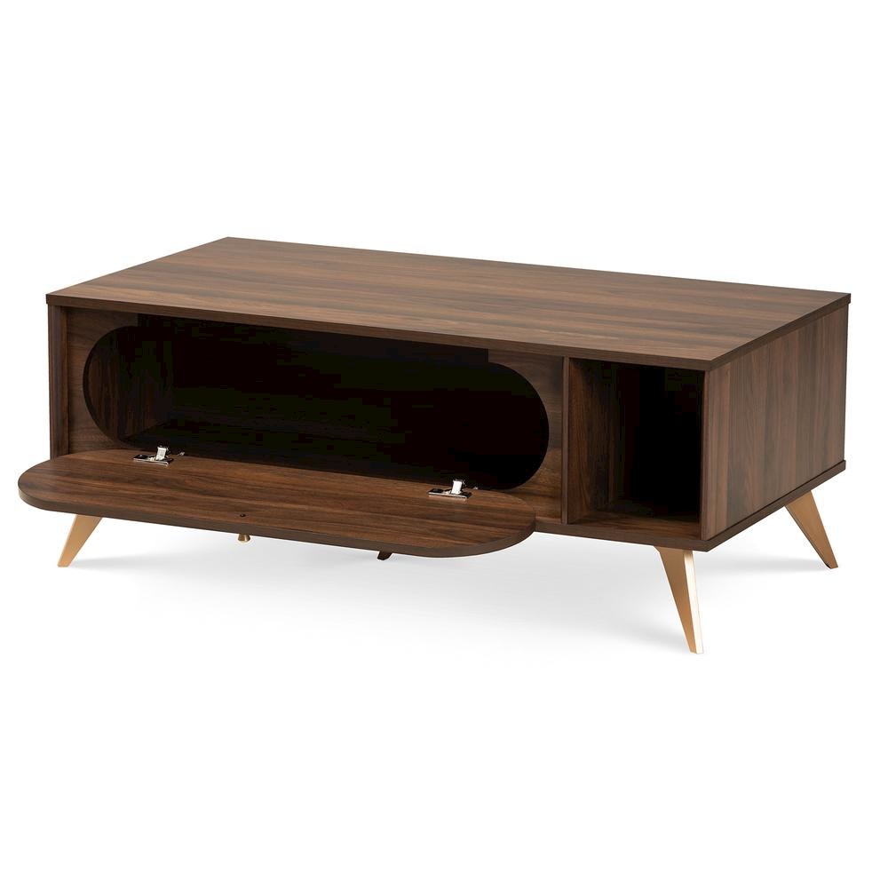 Edel Mid-Century Modern Walnut Brown and Gold Finished Wood Coffee Table. Picture 13
