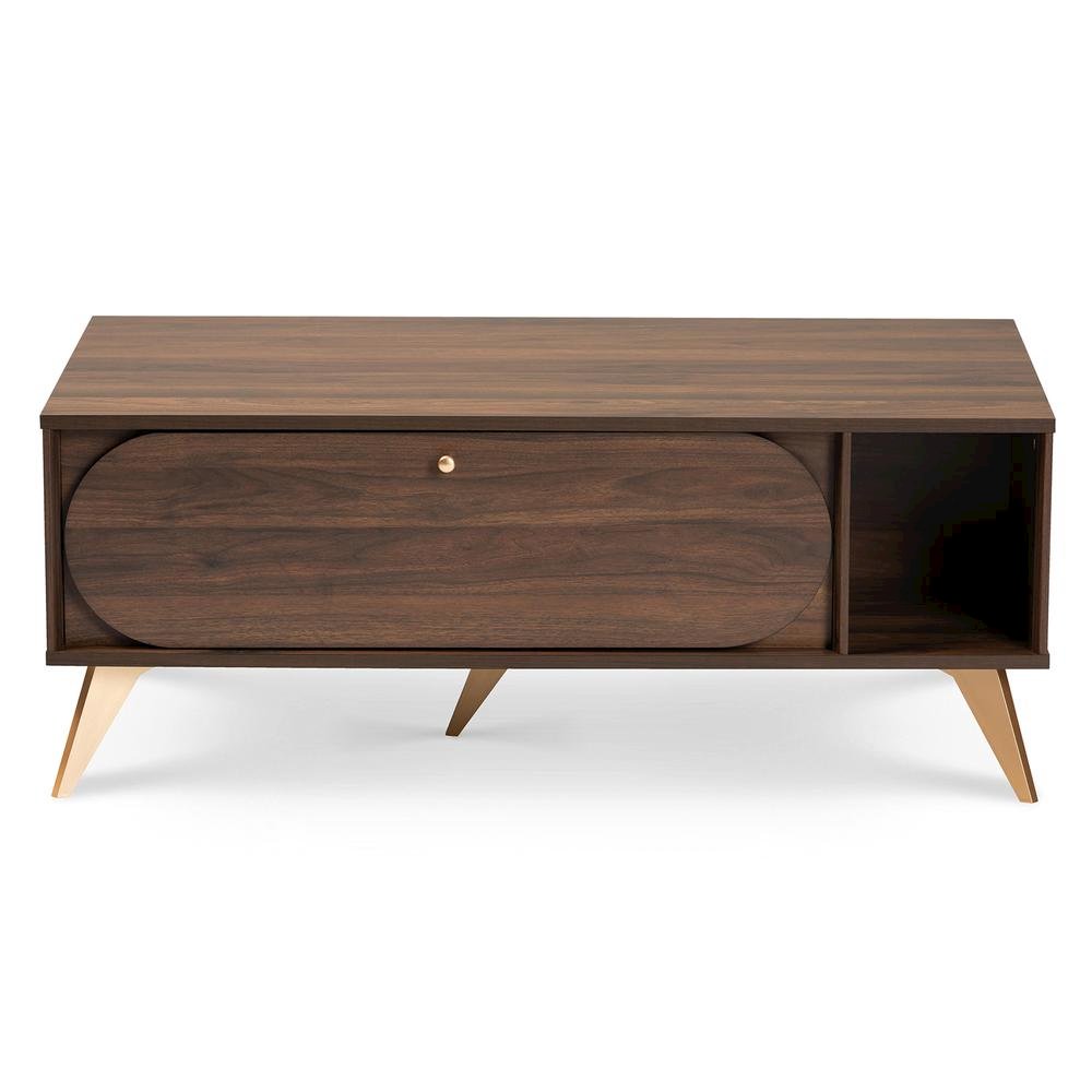 Edel Mid-Century Modern Walnut Brown and Gold Finished Wood Coffee Table. Picture 14