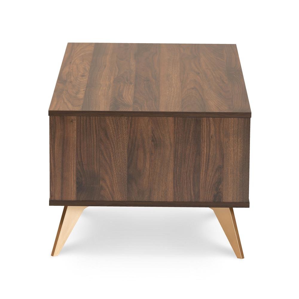 Edel Mid-Century Modern Walnut Brown and Gold Finished Wood Coffee Table. Picture 15