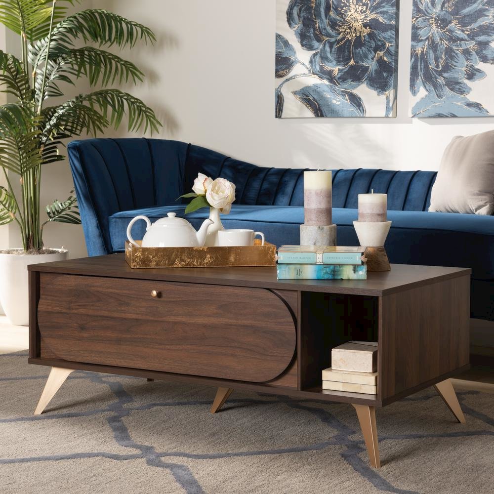 Edel Mid-Century Modern Walnut Brown and Gold Finished Wood Coffee Table. Picture 20