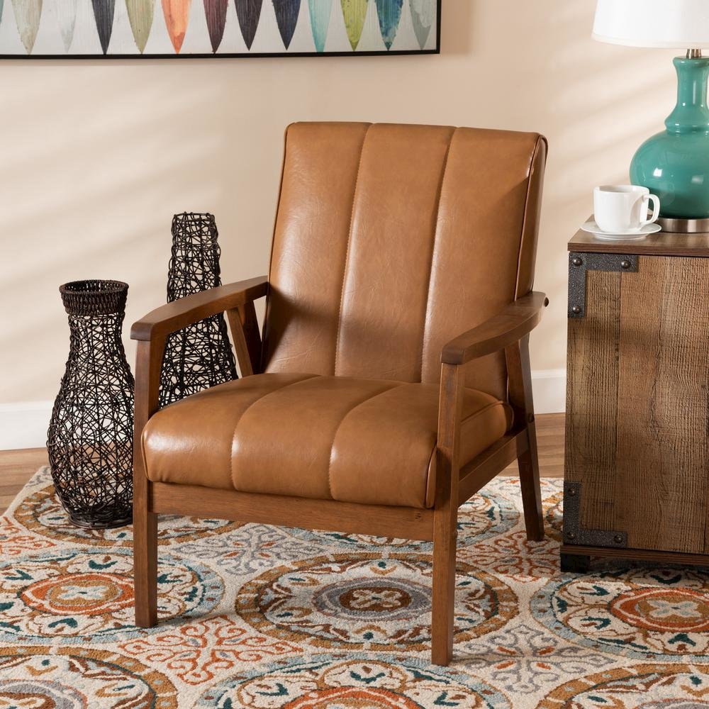 Leather Upholstered and Walnut Brown finished Wood Lounge Chair. Picture 16