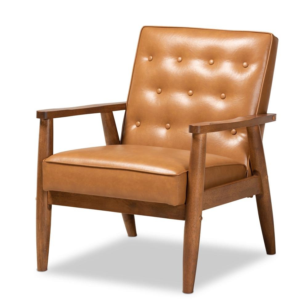 Leather Upholstered and Walnut Brown Finished Wood Lounge Chair. Picture 10