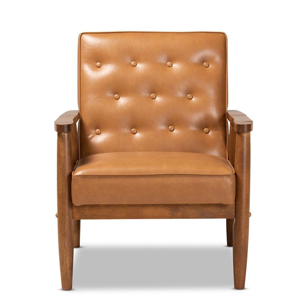 Leather Upholstered and Walnut Brown Finished Wood Lounge Chair. Picture 11