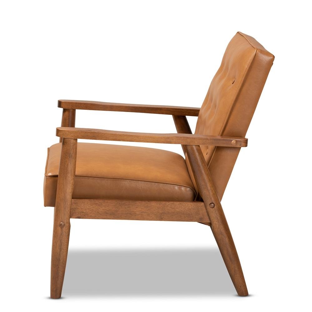 Leather Upholstered and Walnut Brown Finished Wood Lounge Chair. Picture 12