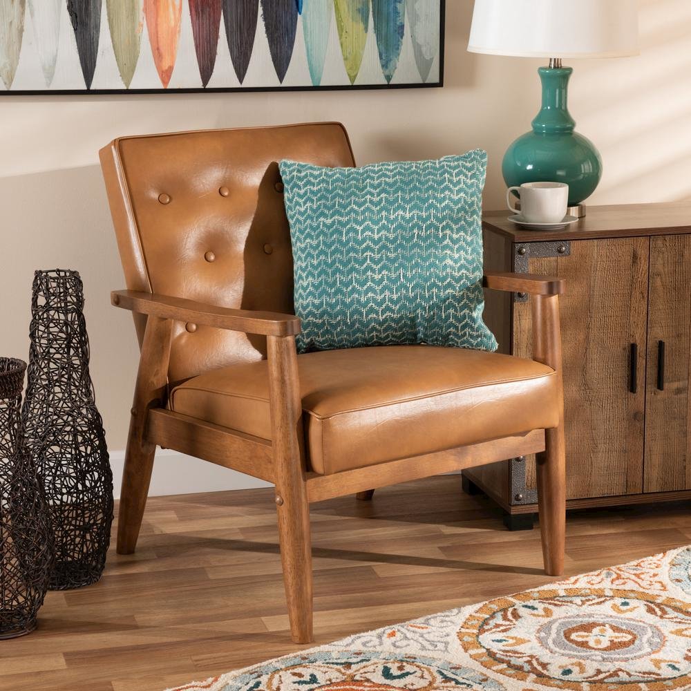 Leather Upholstered and Walnut Brown Finished Wood Lounge Chair. Picture 16