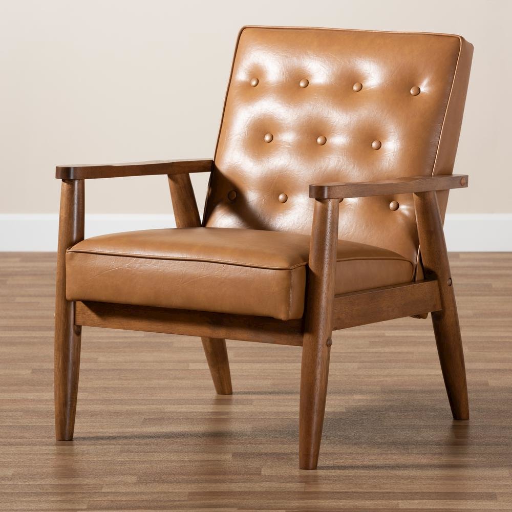 Leather Upholstered and Walnut Brown Finished Wood Lounge Chair. Picture 17