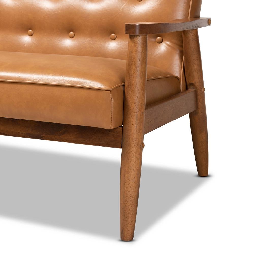 Leather Upholstered and Walnut Brown Finished Wood Loveseat. Picture 15
