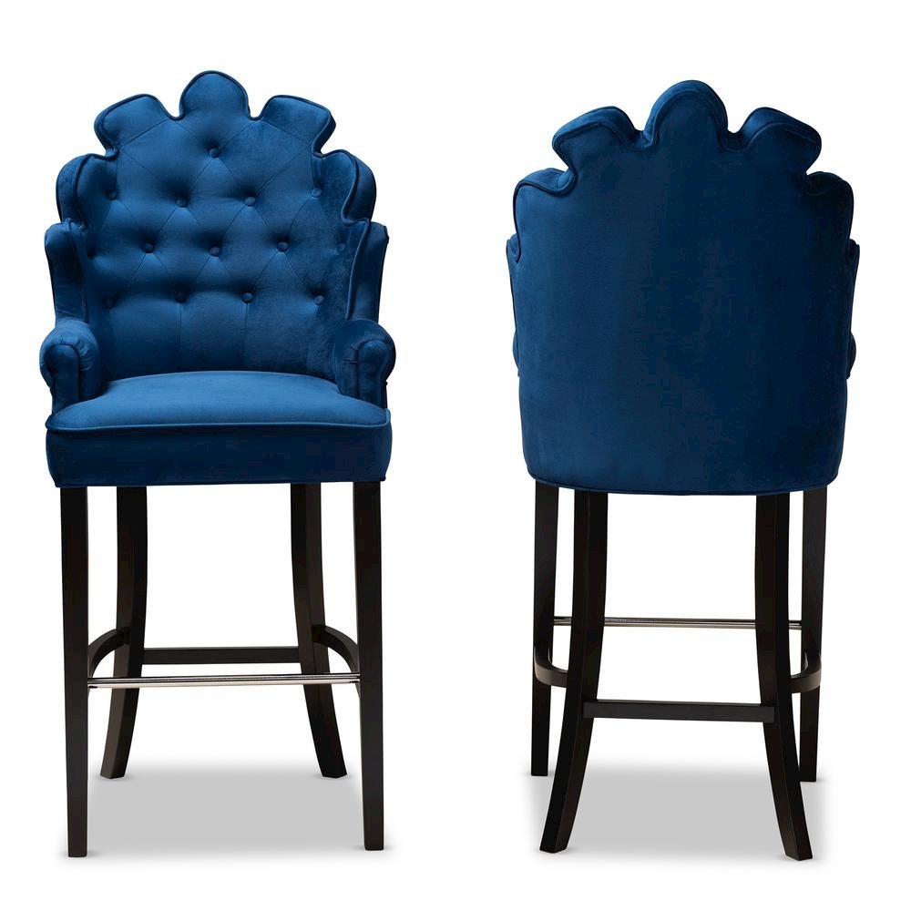 Navy Blue Velvet Upholstered and Dark Brown Finished Wood 2-Piece Bar Stool Set. Picture 10