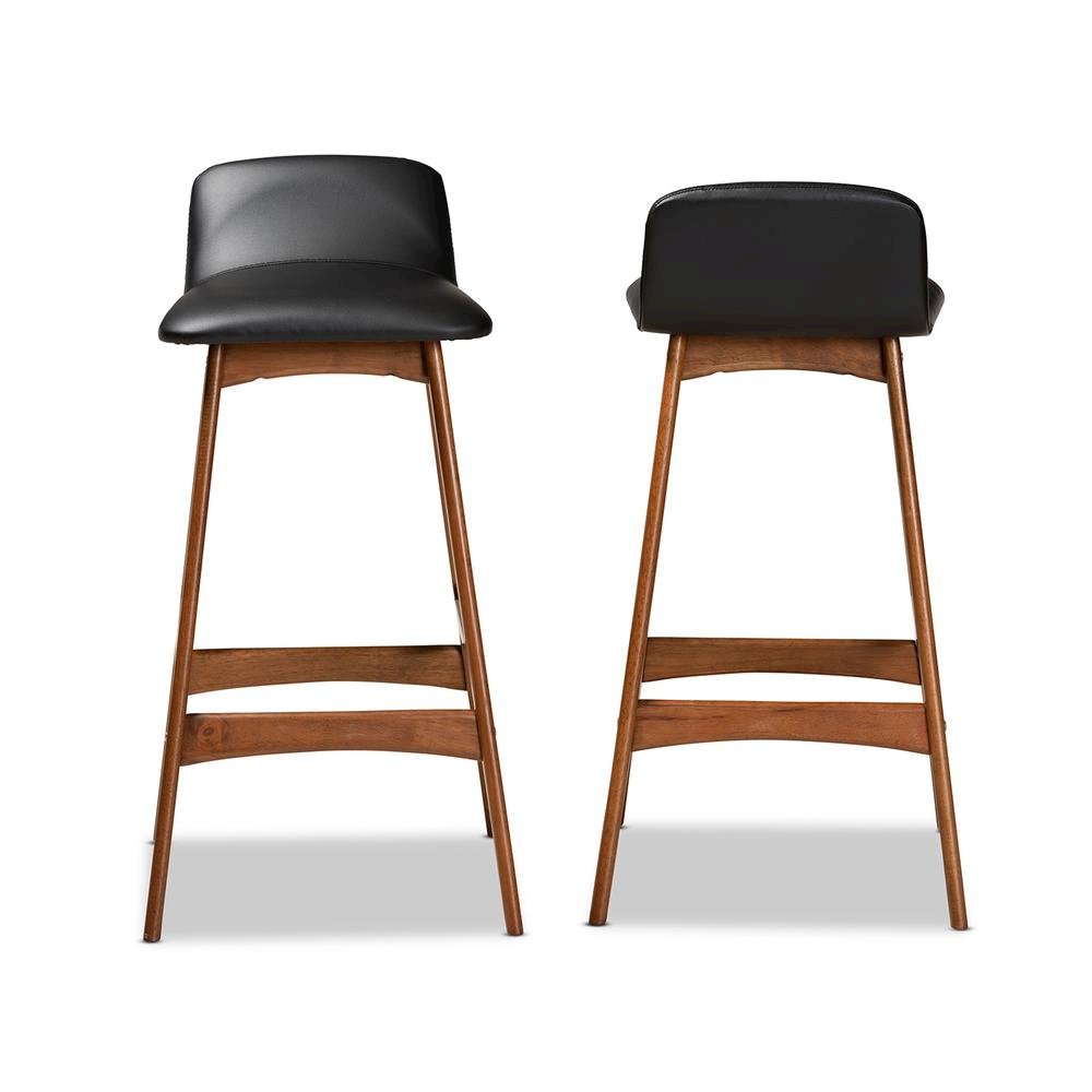 Leather Upholstered and Walnut Brown Finished Wood 2-Piece Bar Stool Set. Picture 10