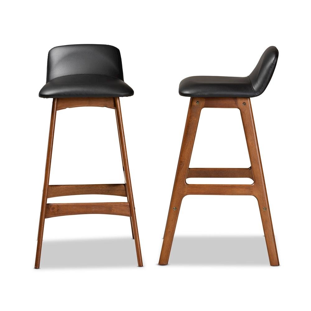 Leather Upholstered and Walnut Brown Finished Wood 2-Piece Bar Stool Set. Picture 11