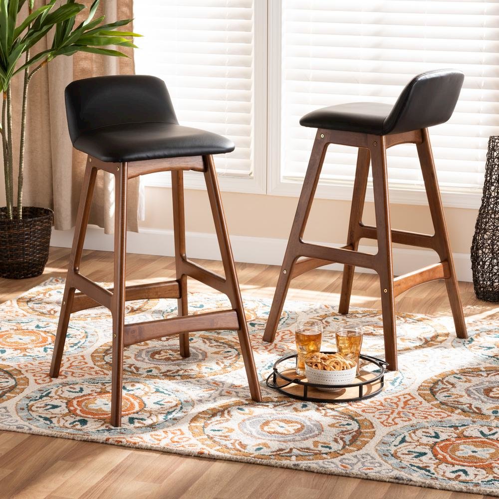Leather Upholstered and Walnut Brown Finished Wood 2-Piece Bar Stool Set. Picture 14