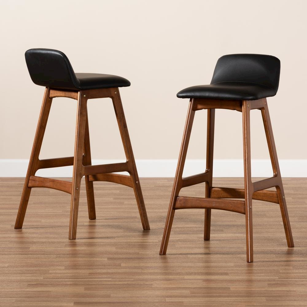 Leather Upholstered and Walnut Brown Finished Wood 2-Piece Bar Stool Set. Picture 15