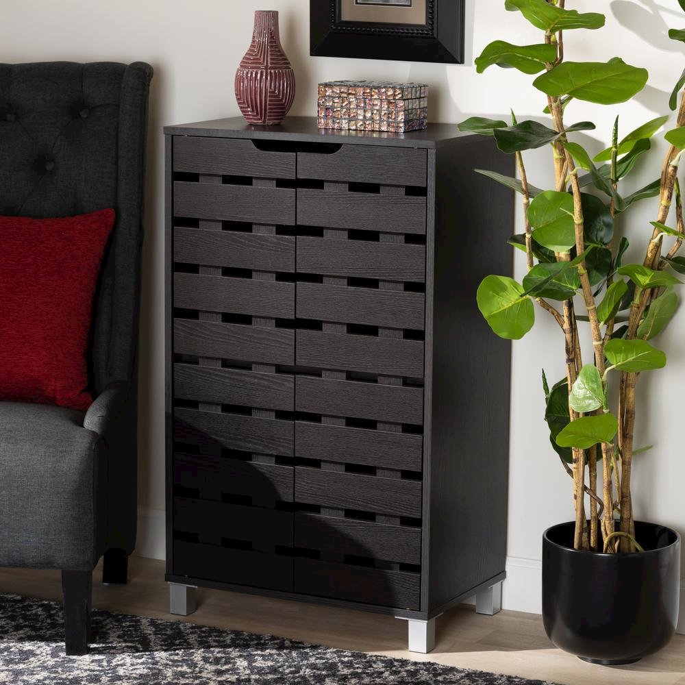 Dark Brown Finished Wood 2-Door Shoe Storage Cabinet. Picture 17