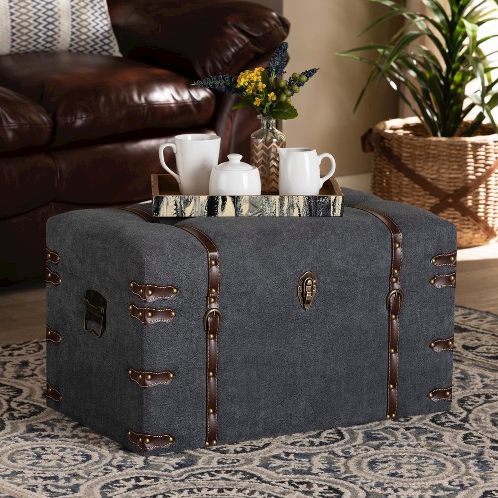 Transitional Grey Fabric Upholstered Storage Trunk Ottoman. Picture 19